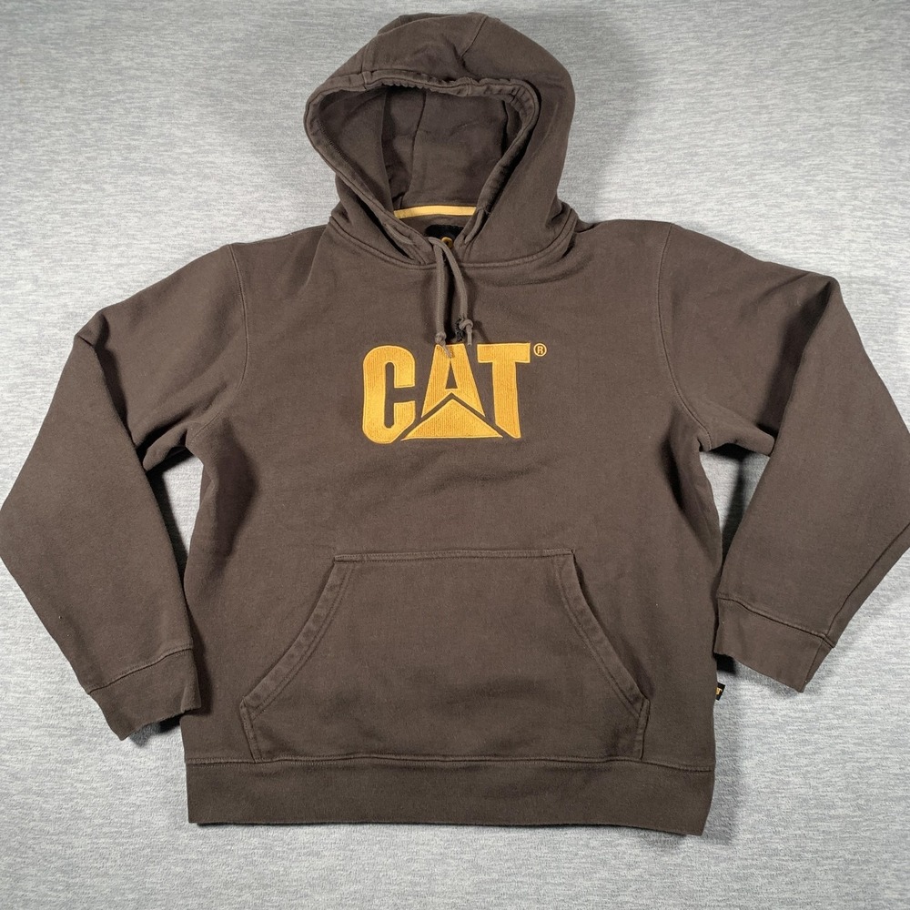 CAT Hoodie Mens Large Brown Pullover Fleece Kangaroo Pocket Logo Graphic